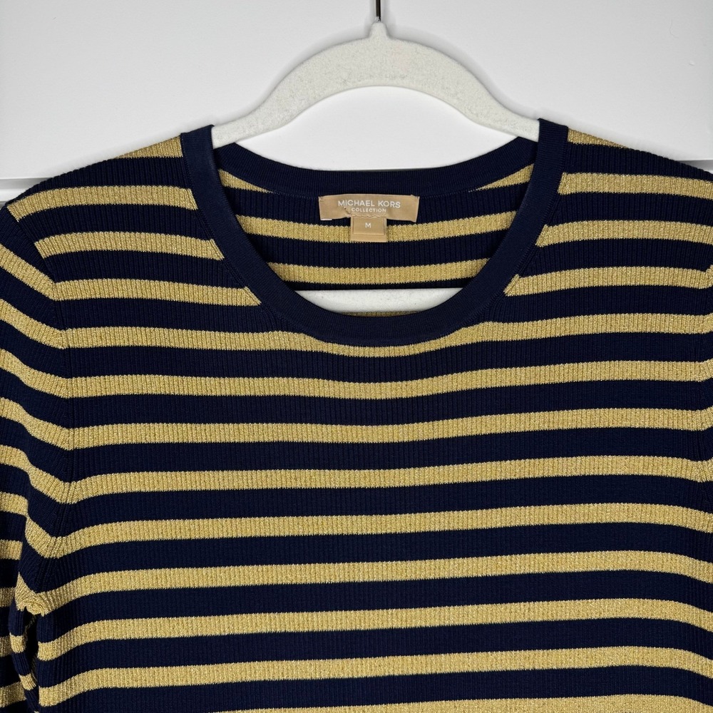 Michael Kors Collection Italy Navy Gold Metallic Stripe Knit Midi Dress Size M - Picture 2 of 8